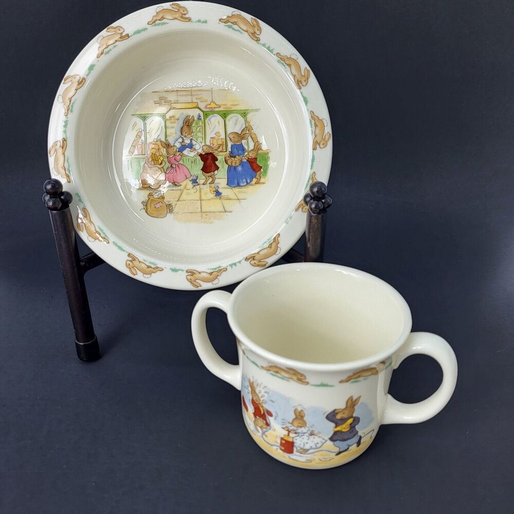 Royal Doulton Traditional Bunnykins Baby Bunny Plate & Hug A Mug 2 Handles Bowl